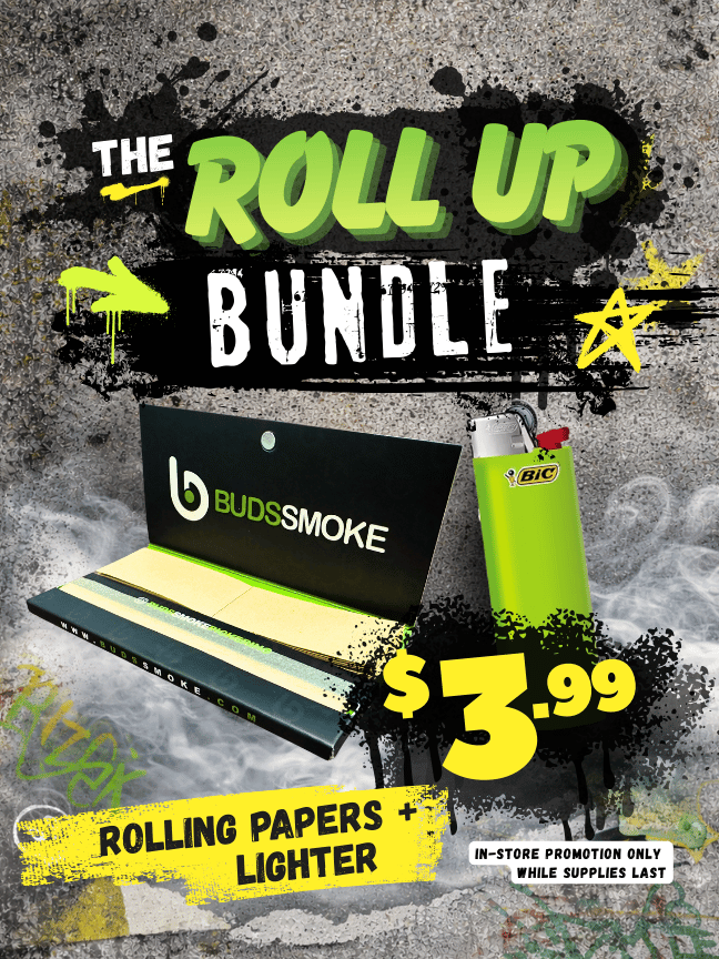 BUDSSMOKE Roll Up Bundle featuring branded rolling papers and green Bic lighter priced at $3.99