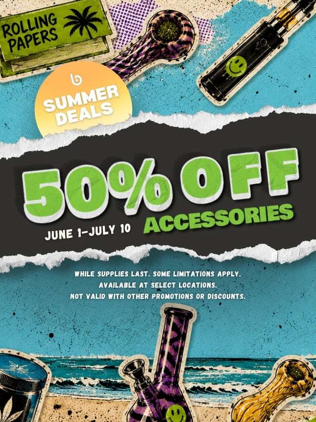 Promotional graphic advertising 50% off cannabis accessories, featuring rolling papers, glass pipes, a bong, grinder, and vape device against a beach-themed summer background with bold green typography and torn-paper design elements.