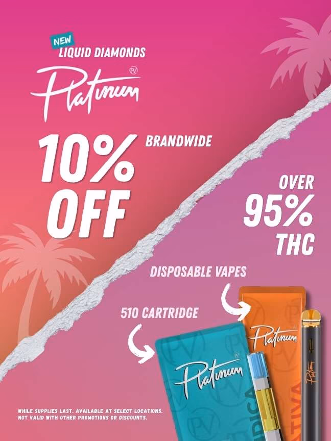 Promotional graphic for Platinum Liquid Diamonds cannabis vape products featuring a tropical pink-to-purple gradient background, palm tree silhouettes, disposable vape and 510 cartridge products, and messaging highlighting a 10% brandwide discount and over 95% THC potency.